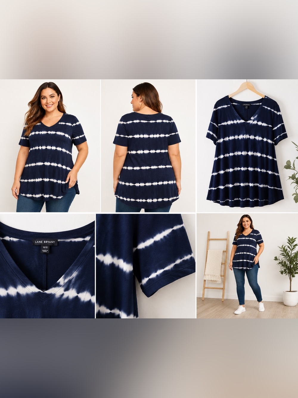 Lane Bryant Navy and White Tie-Dye V-Neck Short Sleeve Top